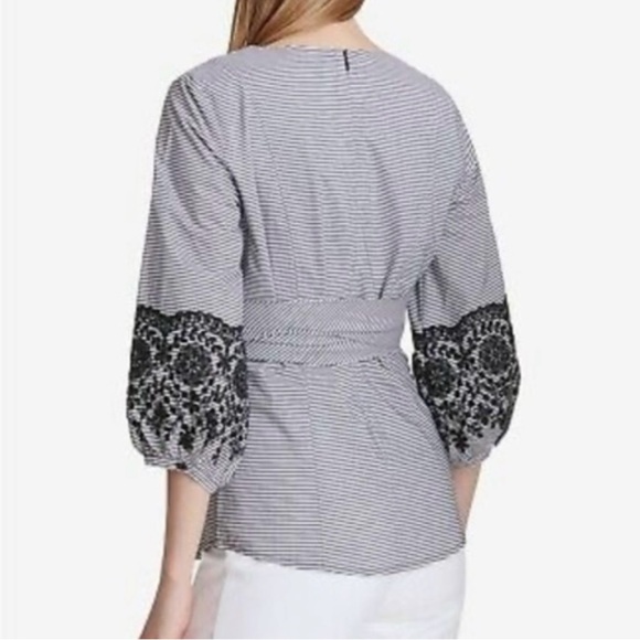 🖤CALVIN KLEIN striped blouse, w waist tie & embroidered sleeves. NWT 🖤 - Picture 6 of 6